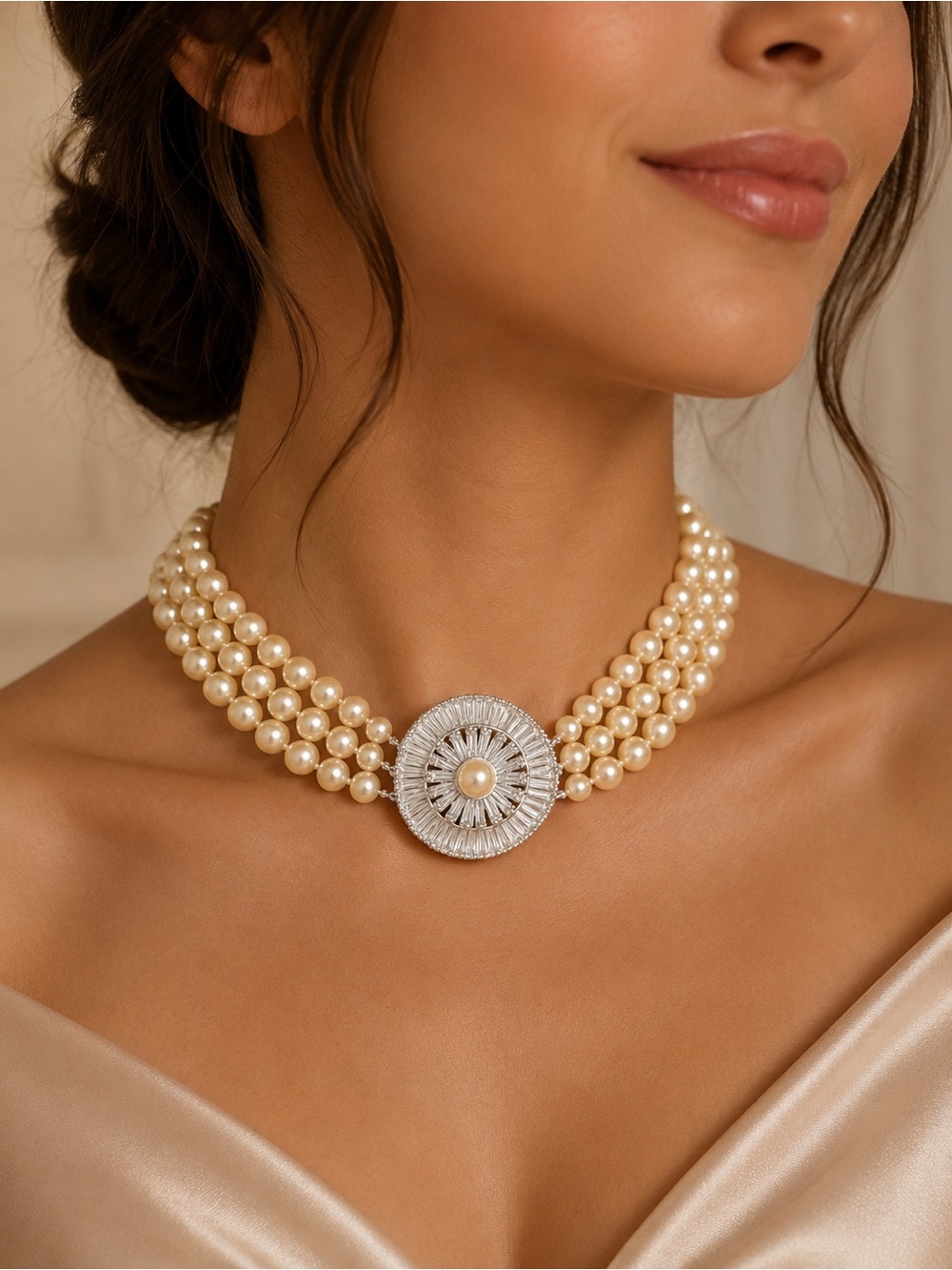 Vtg Signed Jomaz Triple-Strand Cream Pearl Choker with Silver Sunburst Medallio